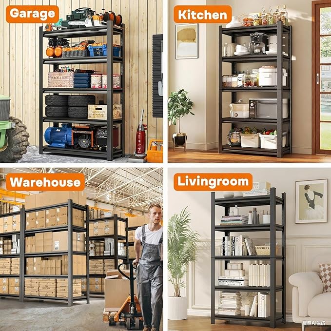 72" H Metal Garage Shelving Unit 3000LBS Heavy Duty Storage Shelves 5 Tier Adjustable Metal Shelf for Garage Kitchen Warehouse Pantry Basement, 72" H*36" W*14" D, Black