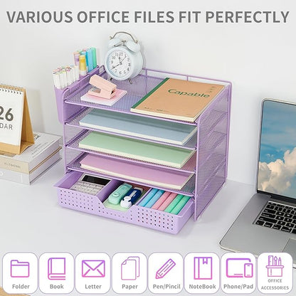 Desk Organizers and Accessories, 5-Tier Paper Letter Tray Organizer with Drawer & 2 Pen Holders, Desktop Organizer for Office Supplies (Purple)