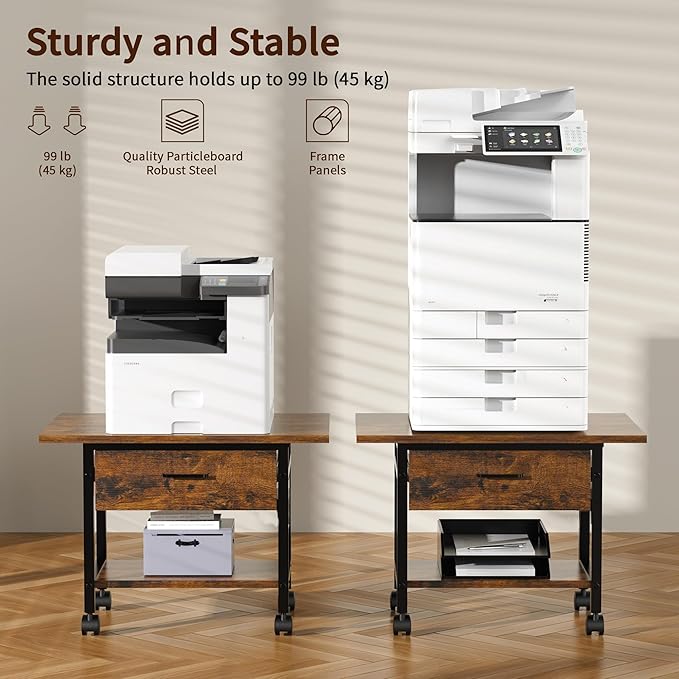 Aetheris Heavy-Duty Printer Stand with Locking Wheels, 2 -Tier Under Desk Table with Storage Drawer, Large Rolling Cart, Printer Table, Fits Printer Scanner Fax Machine, 22" x 15" x 18.3", Brown