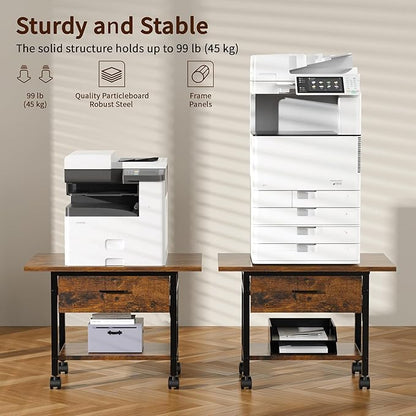 Aetheris Heavy-Duty Printer Stand with Locking Wheels, 2 -Tier Under Desk Table with Storage Drawer, Large Rolling Cart, Printer Table, Fits Printer Scanner Fax Machine, 22" x 15" x 18.3", Brown