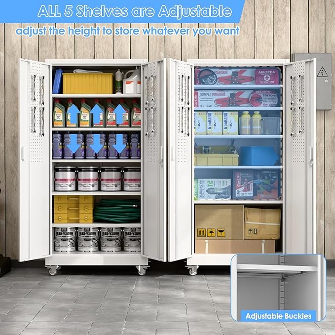Garage Storage Cabinet with Wheels and Pegboard, Metal Storage Cabinet with 5 Adjustable Shelves for Garage Warehouse Office Utility Room,Required Assembly,71" H×34" W×18" D,White