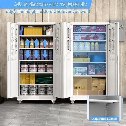 Garage Storage Cabinet with Wheels and Pegboard, Metal Storage Cabinet with 5 Adjustable Shelves for Garage Warehouse Office Utility Room,Required Assembly,71" H×34" W×18" D,White