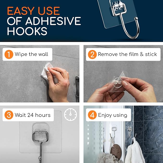 GLUIT Adhesive Large Wall Hooks for Hanging Heavy Duty 22 lbs Hooks for Walls No Drill, Towel Sticky Clear Hooks, Waterproof, Home, Bathroom, Kitchen, Office, and Outdoor 12 Pack