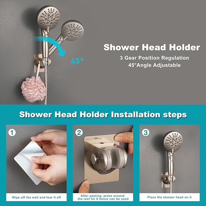 Handheld Shower Head Holder with 2 Hanger Hooks,Strong Adhesive&Waterproof No Drilling Wall Mount Shower Bracket for RV and Kids&Elders,Install Any Height&Fix Firmly,Brushed Nickel