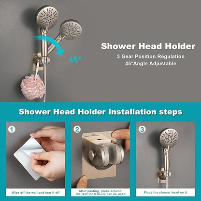 Handheld Shower Head Holder with 2 Hanger Hooks,Strong Adhesive&Waterproof No Drilling Wall Mount Shower Bracket for RV and Kids&Elders,Install Any Height&Fix Firmly,Brushed Nickel