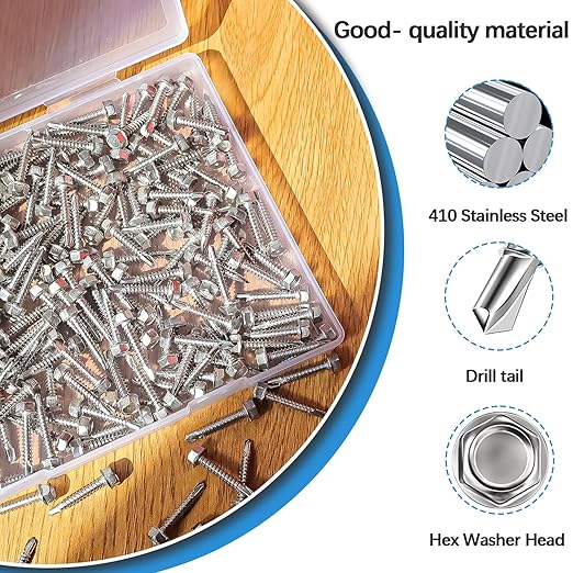 mxuteuk #8×1" Self Tapping Screws,410 Stainless Steel Self Tapping Screws for Metal,Self Drilling Screws,Hex Washer Head Sheet Metal Screws Suitable for Wood, Metal or Tough Materials(170PCS)