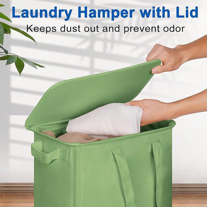 Slim Laundry Hamper with Lid and Wheels, Small Rolling Laundry Basket with Handle for Small Spaces, Tall Dirty Clothes Hampers for Dorm, Bathroom and Bedroom, 55L, Soga Green