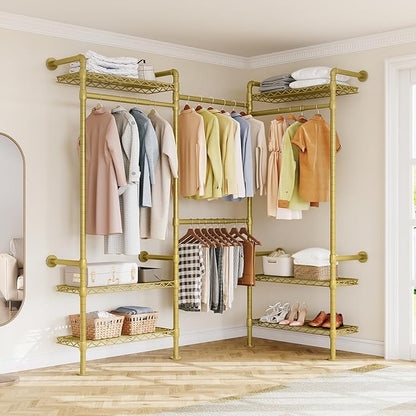L3 Industrial Pipe Closet Organizer System, Wall Mounted Clothes Rack Clothing Racks with 4 Telescopic Rods & 6 Shelves , Heavy Duty Closet System in Wardrobe Closet (Gold)