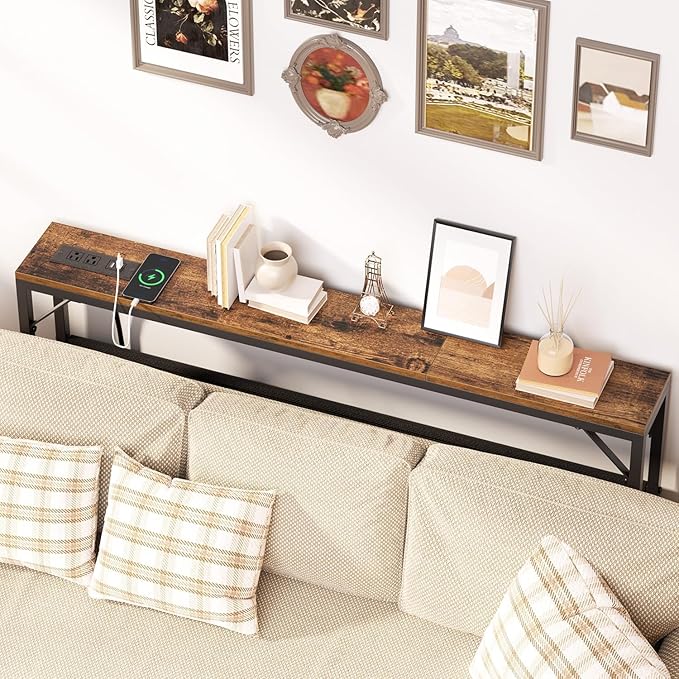 47.2'' Skinny Console Table with Power Outlet, 5.91" Behind Couch Table with Charging Station, Long Sofa Table, Narrow Entryway Table for Living Room, Foyer, Hallway, Rustic Brown