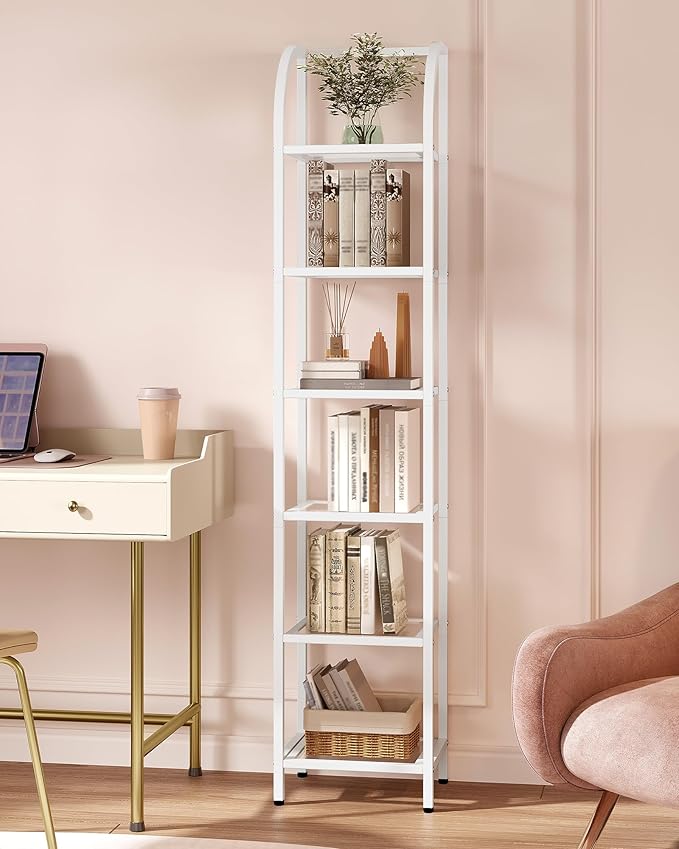 Bookcase Bookshelf, Tempered Glass Arched Bookshelf for More Storage, Slim Shelving Unit for Bedroom, Bathroom, Home Office, Steel Frame, 6 Tier White BC20699W