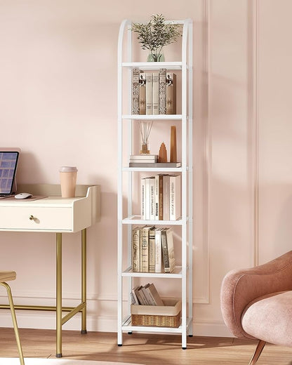 Bookcase Bookshelf, Tempered Glass Arched Bookshelf for More Storage, Slim Shelving Unit for Bedroom, Bathroom, Home Office, Steel Frame, 6 Tier White BC20699W