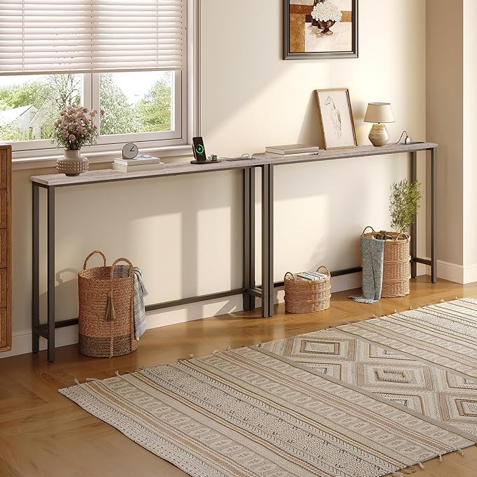 HOOBRO 47.2" Skinny Console Table with Power Outlets, 5.9" Behind Couch Table with Charging Station, Narrow Sofa Table, Long Entryway Table for Living Room, Hallway, Foyer, Greige BG15XG01G1