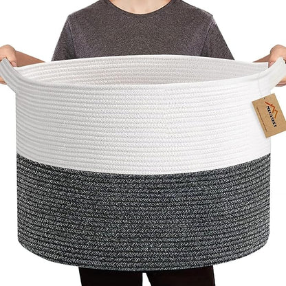 Large Throw Blanket Basket, 22" X 22" X 14" XXXL Blanket Holder for Living Room, Big Wicker Baskets for Storage, Woven Cotton Rope Kids Toy Box, Throw Pillow Holder Organizer Bin