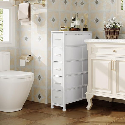 Narrow Dresser Storage Tower with 5 Drawers, Slim Dresser Chest of Drawers with Steel Frame, Wood Top, Dresser for Bedroom, Bathroom, Small Spaces, Laundry, Closet, White