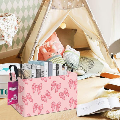 Rectangular Storage Basket Fabric Organizer Bin for Toys,Books,Clothes,Gifts,Pets-Perfect for Home,Office,Nursery,Dorm,Shelf(Rec-Pink bowknots )