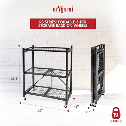Origami 3-Pack General Purpose Foldable 3-Tier Shelf Storage Rack & Wheels, R3, Black
