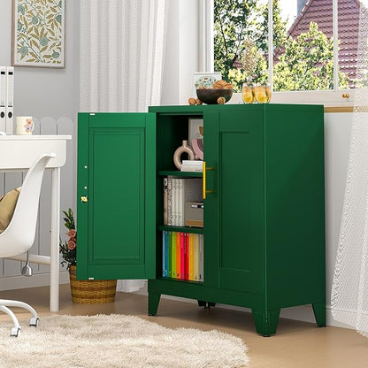 35.43" Metal Storage Cabinet with Lock, Metal File Cabinet with 2 Doors ＆ 2 Adjustable Shelves, Steel Locker Utility Tool Garage Cabinets for Home, Office, Warehouse (Green)