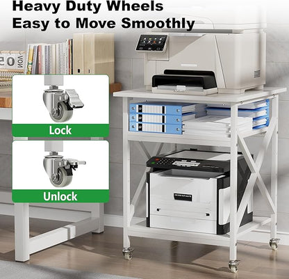 Ollieroo 3 Tier Printer Stand, Large Table with Wheels, Rolling Cart with Height Adjustable Middle Storage Shelf, 23.6 x 23.6 x 30.3 Inches Shelf for Home Office, White