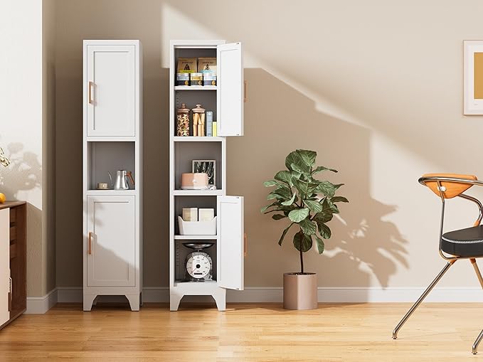 67" H White Metal Narrow Pantry Cabinet with 2 Doors and 2 Adjustable Shelves, 5 Tier Small Thin Storage Cabinet with Legs and Gold Handle for Kitchen,Home Office,Bath,Laundry,Easy Assembly