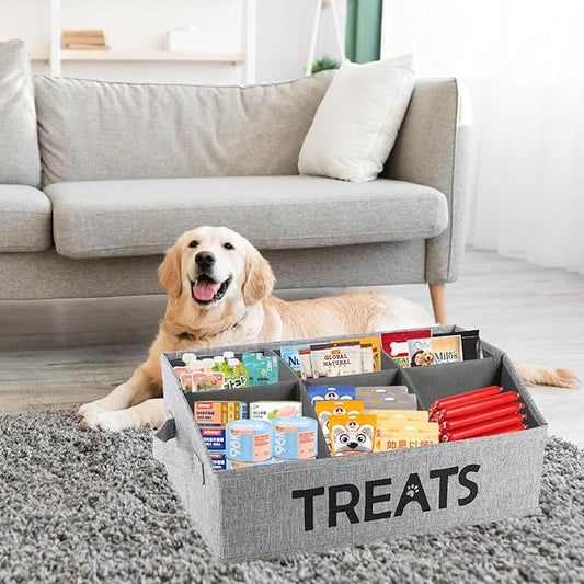Dog Storage Organizer,Dog Treat Container Bin,Collapsible Fabric Storage Box for Pet Treats with dividers,Dog Stuff Container for Dog Treats Stick/Pet Canned Food/Packaged Snacks-Grey