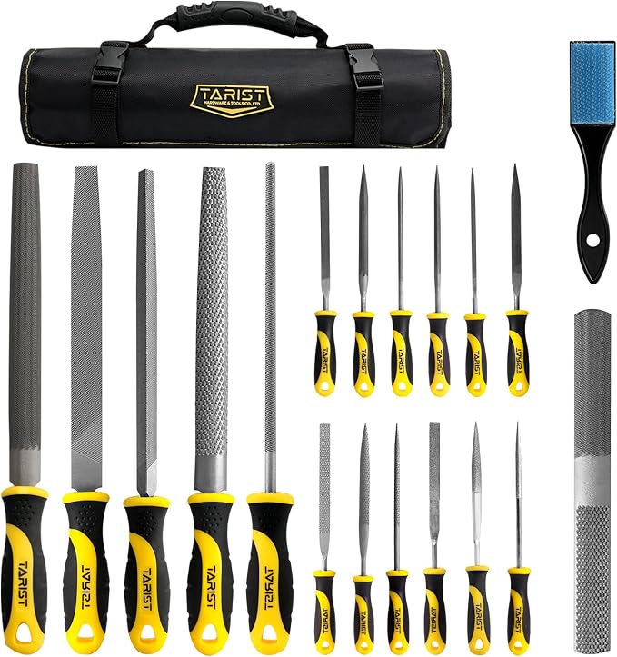 19PCS Metal & Rasp File Set with Tool Bag, Includes Flat/Half-Round/Round/Triangle steel file, Half-Round wood file, 4 Way File and 12pcs Needle Files, Work for Metal, Wood and more