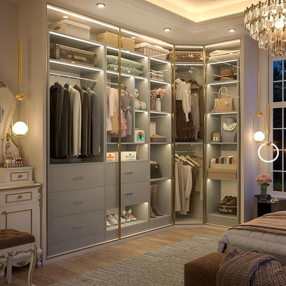 Corner Closet System with 5 Drawers, Closet Organizer System with 15+Shelvess & 4 Hanging Rods, 63.2"L * 63.2"W / 87.2"L * 39.2"W Reversible L Shaped Walk-in Closets, Load 2500+LBS, Grey