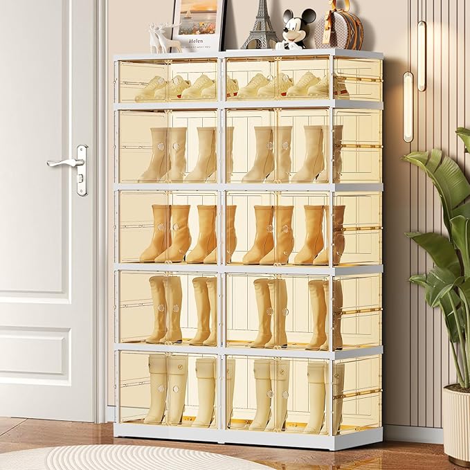 5-Tier Foldable Shoe Rack for Closet Entryway 10-20Pairs,Stackable Clear Shoe Storage Boxes Organizer with Door Plastic Shoe Cabinet Bins with Lids Shoes Shelf Easy Assembly Large