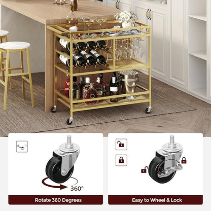 Bar Cart for Home, 3-Tier Serving Cart with Wheels and Handle, Beverage Cart with Wine Rack and Glass Holders, Rolling Wine Cart for Kitchen, Dining Room, Gold RCGD81B01