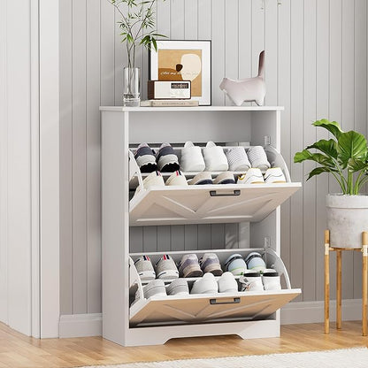 Farmhouse Shoe Cabinet for Entryway with Barn-Style Flip Drawers, Narrow Shoe Storage Organizer with Top Display Shelf, Adjustable Shelves, Shoe Rack for Hallway, Closet- (White, 24")