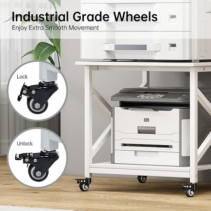 23.6 x 23.6 Inches Large Printer Stand, 2 Tier Square Printer Table with Storage Shelf for Home Office, Multi-use Rolling Cart with Wheels for Laser, 3D Printer and Mini Fridge - White