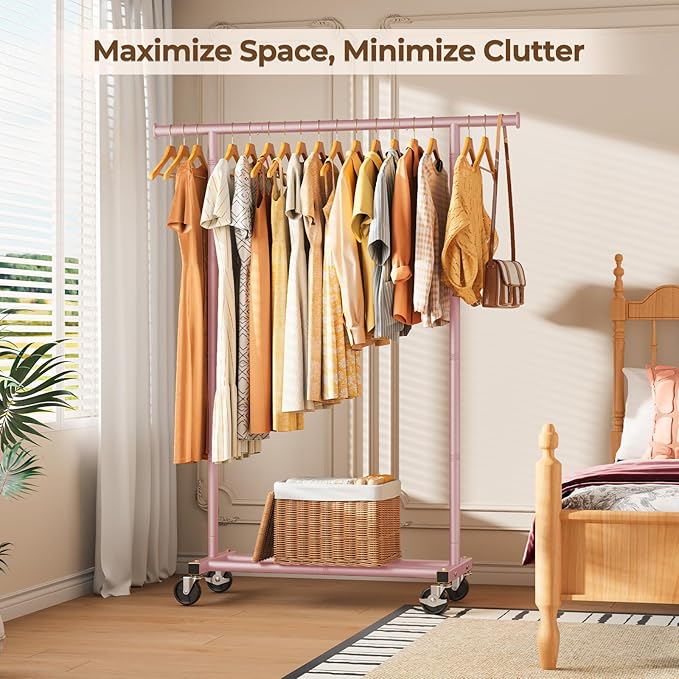 Clothes Rack, Clothing Rack for Hanging Clothes, Rolling Garment Rack Sturdy Coat Rack Portable Wardrobe Rack Metal Closet Rack for Bedroom Laundry Living Room, Pink
