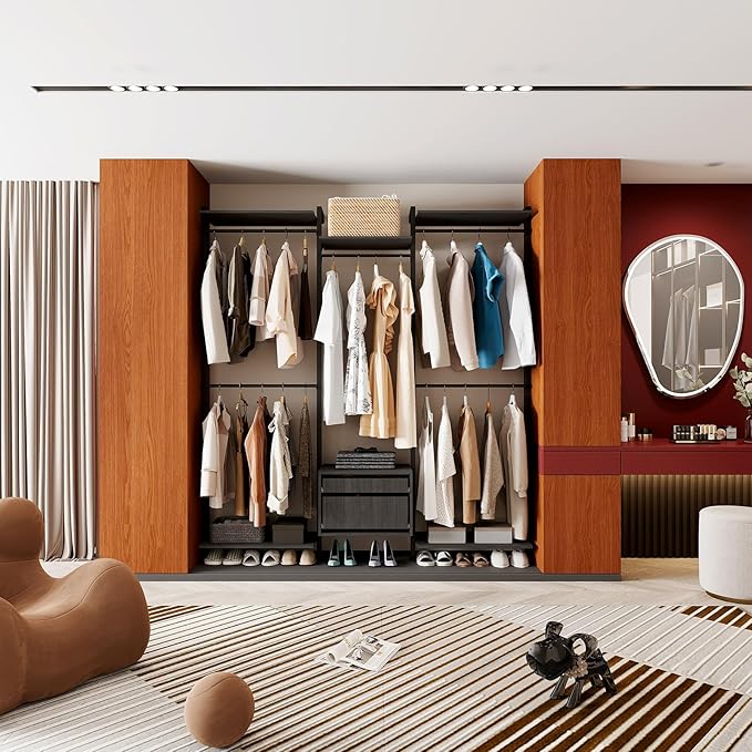 Wall-Mounted Steel & Wood Closet Organizer System with 4 Adjustable Shelves, 5 Hanging Rods, and 2 Drawers – Modern Open Wardrobe, Black