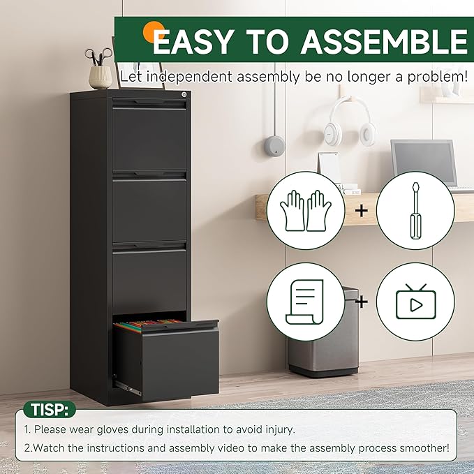 4 Drawer File Cabinet, Tall Vertical Filing Cabinets for Home Office, Locking Metal File Cabinet for Letter/Legal/A4/F4 Size, Assemble Required