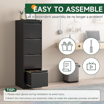 4 Drawer File Cabinet, Tall Vertical Filing Cabinets for Home Office, Locking Metal File Cabinet for Letter/Legal/A4/F4 Size, Assemble Required