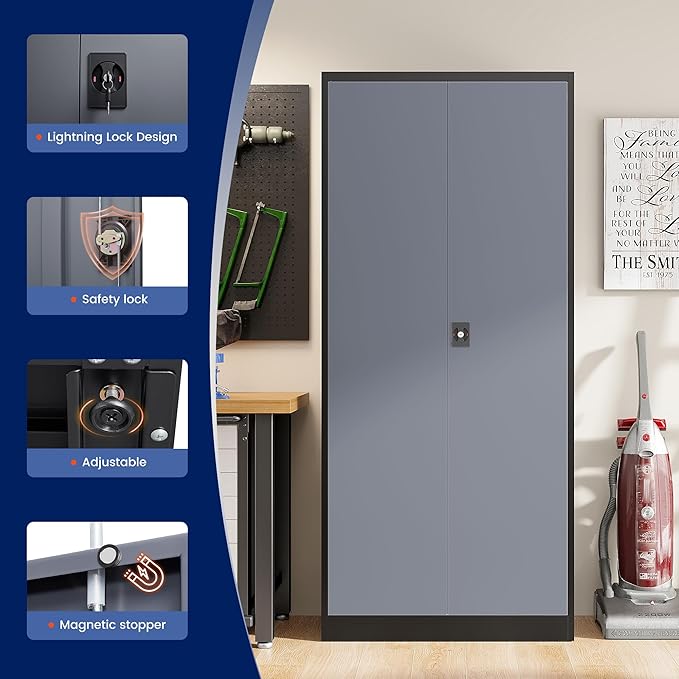 Yizosh Metal Garage Storage Cabinet with Lock, 71" Locking Tool Cabinet with 2 Doors and 5 Shelves, Tall Steel Cabinet for Garage, Heavy Duty File Cabinet for Office, School (Black Gray)