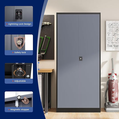 Yizosh Metal Garage Storage Cabinet with Lock, 71" Locking Tool Cabinet with 2 Doors and 5 Shelves, Tall Steel Cabinet for Garage, Heavy Duty File Cabinet for Office, School (Black Gray)