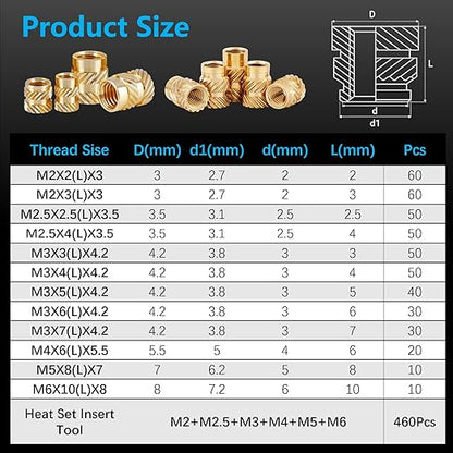 460+7Pcs M2 M2.5 M3 M4 M5 M6 Premium Brass Threaded Inserts, Metric Brass Knurled Nuts Assortment Kit, with Heat Set Insert Tool, for Plastic and 3D Printing Components, All-in-one Solutions