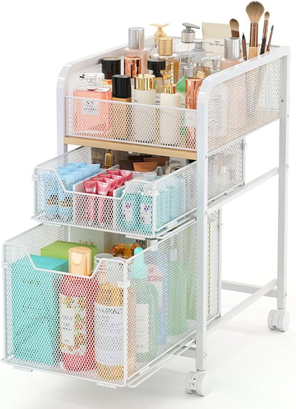 Rolling Makeup Cart Organizer with 2 Drawers, Narrow Floor Skincare Organizers, Vanity Organizer Cosmetics Display Cases Holder for Skin Care Nail Polish Perfume Makeup Brush, White