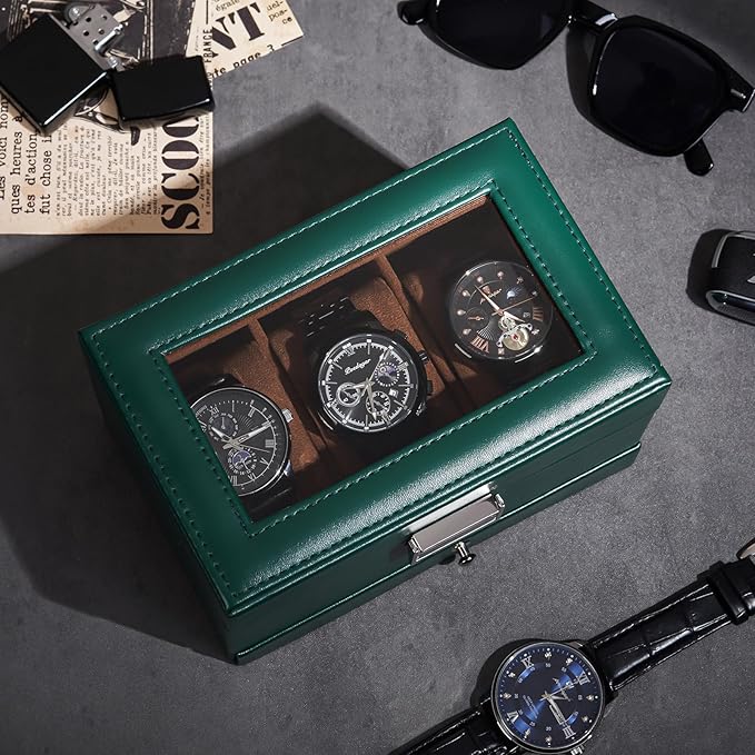 ProCase Watch Box, 3 Slot Watches Display Case with Drawer, Mens Watch Case with Glass Lid, 2-Layer Mens Jewelry Organizer Storage Holder, Birthday Valentine Gifts for Men-3 Slot, MidnightGreen