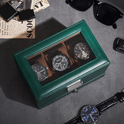 ProCase Watch Box, 3 Slot Watches Display Case with Drawer, Mens Watch Case with Glass Lid, 2-Layer Mens Jewelry Organizer Storage Holder, Birthday Valentine Gifts for Men-3 Slot, MidnightGreen