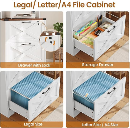 SEDETA 2 Drawer File Cabinet with Lock, Wood Filing Cabinet fits Letter, Legal, A4 Size, Hanging File Folders, Farmhouse File Cabinets for Home Office with Adjustable Storage Shelf, White