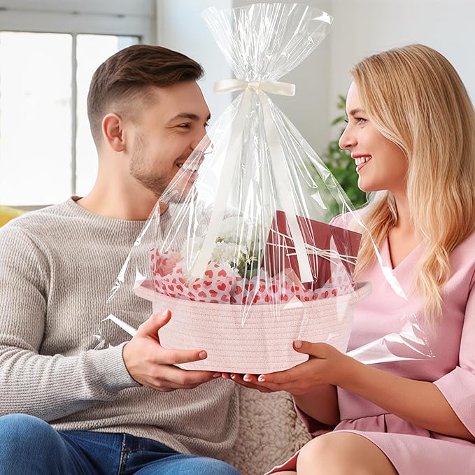 OIAHOMY Gift Basket with Handle, Valentine's Day Woven Basket with Gift Bag, Ribbon and Wrap Tissue Paper, Nursery Bins Empty to Fill with Small Items, Baby, Pet Toy Organiser - Valentine's Pink