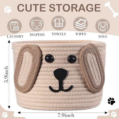 Zopeal Dog Woven Basket, 7.9" D x 6" H Cotton Rope Toy Storage Organizer, Dog Mom Gift Empty, Cute Laundry Puppy Gift Animal Basket for Clothes, Towels, Toy, Laundry, Bathroom, Home(Khaki, Beige)