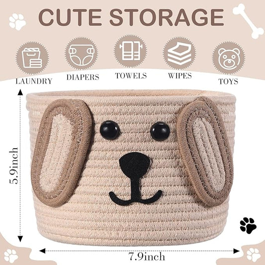 Zopeal Dog Woven Basket, 7.9" D x 6" H Cotton Rope Toy Storage Organizer, Dog Mom Gift Empty, Cute Laundry Puppy Gift Animal Basket for Clothes, Towels, Toy, Laundry, Bathroom, Home(Khaki, Beige)