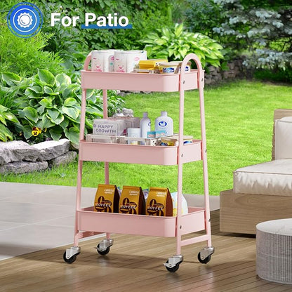 OLIXIS 3 Tier Utility Rolling Cart, Metal Mobile Storage Shelf with Lockable Caster Wheels, Organization for Livingroom, Bathroom & Narrow Places, Pink