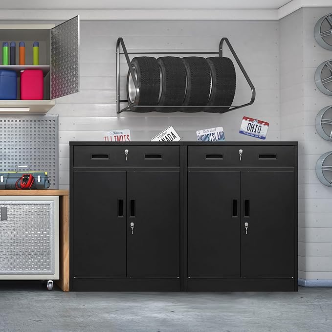 CMY Metal Storage Cabinet, Locking Storage Cabinet with One Drawer and Adjustable Shelf, 36.2" H x 28" W x 16" D Metal Cabinet for Office, Garage, Home-Black