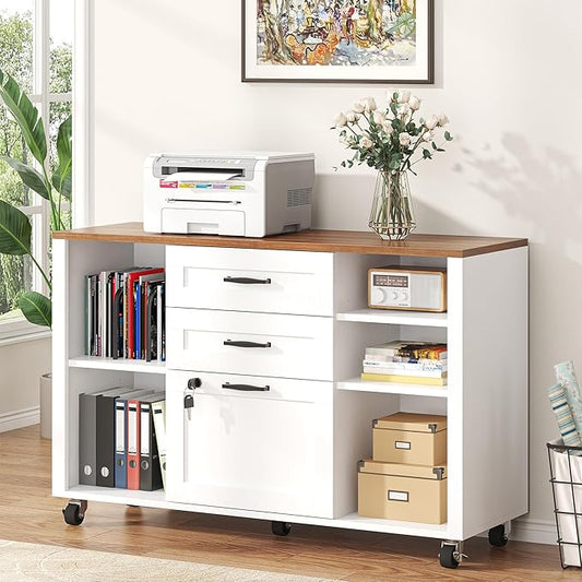 Semoic 3 Drawer Wood Lateral File Cabinet with Lock, Rolling Mobile Filing Cabinet with Open Storage Shelves, Printer Stand Office Storage Cabinet for Home Office Fits Files Legal/A4 Size, White