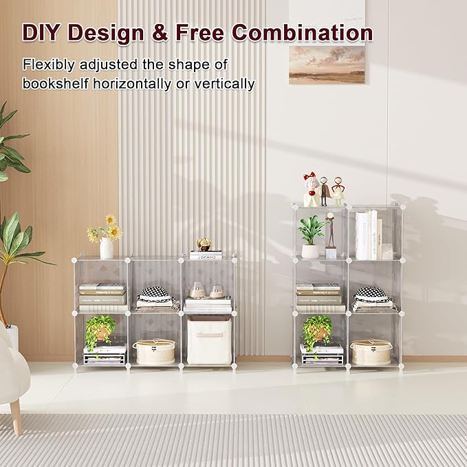 UNKU Cube Storage Organizer, 6 Cube Closet Organizer Storage Shelves, DIY Stackable Bookcase, Clothes Organizer Shelf for Closet, Bedroom, Living Room, Cabinet, Home, Office, Translucent