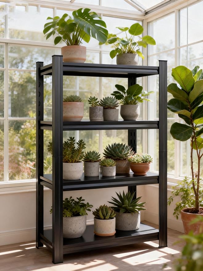 Plant Stand Indoor Outdoor,Metal Adjustable,4-Tier Plant Shelf,Accommodates Multiple Pots,Plant Shelves Suitable for Living Rooms,Gardens,Balconies (Black, 54''H x45.6''W x 12''D)