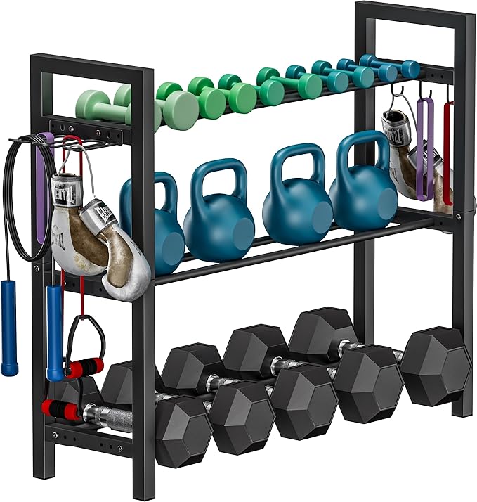 Adjustable Dumbbell Rack, Weight Storage Stand Holder for Dumbbells & Kettlebells, Heavy-Duty Metal Home Gym Workout Organizer with Hook for Gym Equipment Accessories (Rack Only)